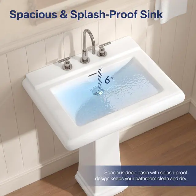 Alt view image 6 of 6 - 26"W x 20"D Large Bathroom Pedestal Sink, Glossy White Vitreous China, Ceramic Porcelain, 3 Pre-Drilled Faucet Holes for 8-Inch Widespread, Built-in Overflow
