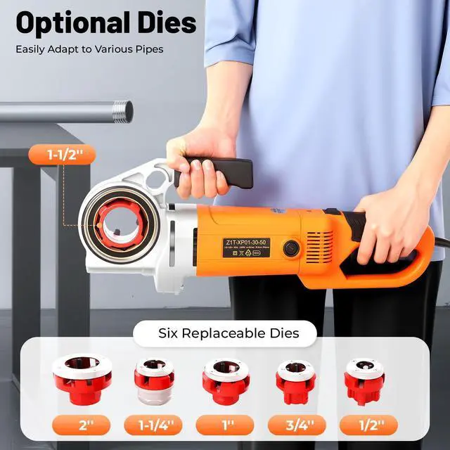Alt view image 2 of 6 - Electric Pipe Threader, 2300W Pipe Threading Machine Pipe Thread Cutting Tool Pipe Threading Kit with 6 Dies (2'', 1-1/2'', 1-1/4'', 1'', 3/4'', 1/2'') for Plumbing Installation Construction Sites