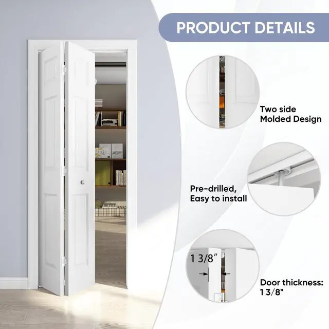 Alt view image 2 of 6 - 30in. x 80in. Bifold Door, 6 Panel Primed Bifold Interior Doors, Hollow Core Bi Fold Closet Door with Hardware Kit Include, Folding Doors for Laundry, Pantry & Bedroom