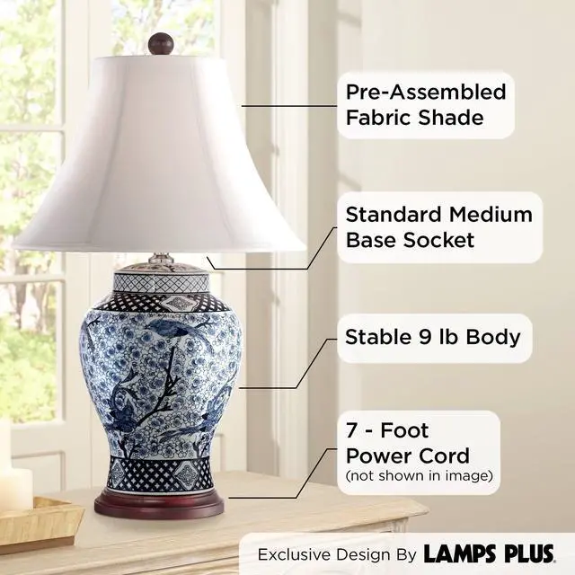 Alt view image 3 of 6 - Shonna Asian Chinese Ginger Jar Table Lamp 27" Tall Porcelain Blue White Bird and Branch Bell Shade Decor for Living Room Bedroom House Bedside Nightstand Home Office Entryway