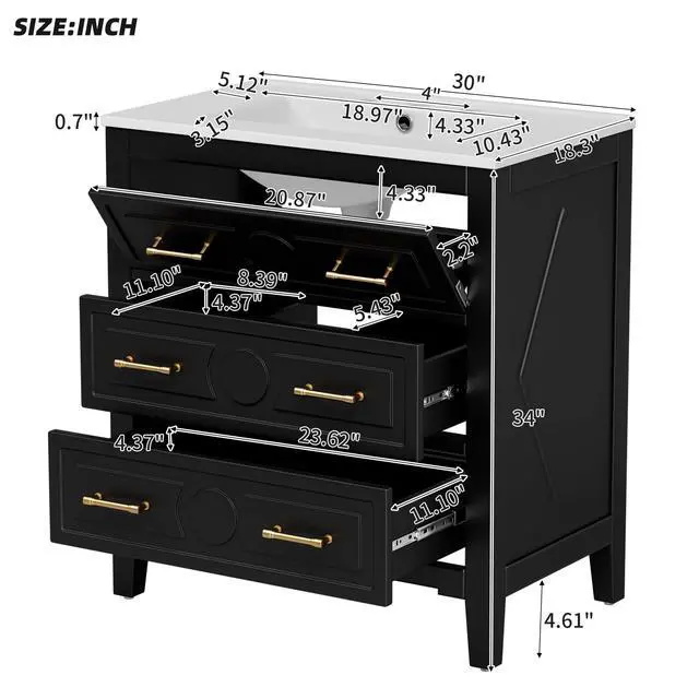 Alt view image 2 of 6 - 30" Bathroom Vanity with Sink Top, 3-Drawer Bathroom Vanity Storage Cabinet with Gold Pulls, Tip-Out Drawer, Solid Wood Frame Bath Storage Vanity with Ceramic Sink