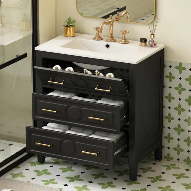 Alt view image 3 of 6 - 30" Bathroom Vanity with Sink Top, 3-Drawer Bathroom Vanity Storage Cabinet with Gold Pulls, Tip-Out Drawer, Solid Wood Frame Bath Storage Vanity with Ceramic Sink