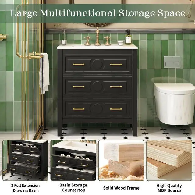 Alt view image 4 of 6 - 30" Bathroom Vanity with Sink Top, 3-Drawer Bathroom Vanity Storage Cabinet with Gold Pulls, Tip-Out Drawer, Solid Wood Frame Bath Storage Vanity with Ceramic Sink