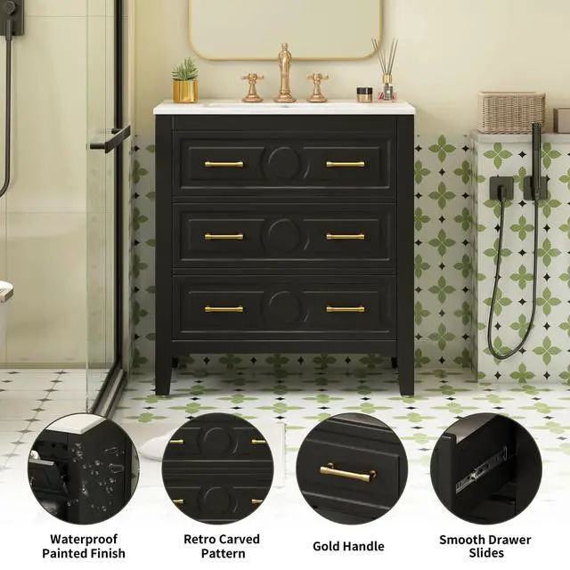 Alt view image 5 of 6 - 30" Bathroom Vanity with Sink Top, 3-Drawer Bathroom Vanity Storage Cabinet with Gold Pulls, Tip-Out Drawer, Solid Wood Frame Bath Storage Vanity with Ceramic Sink