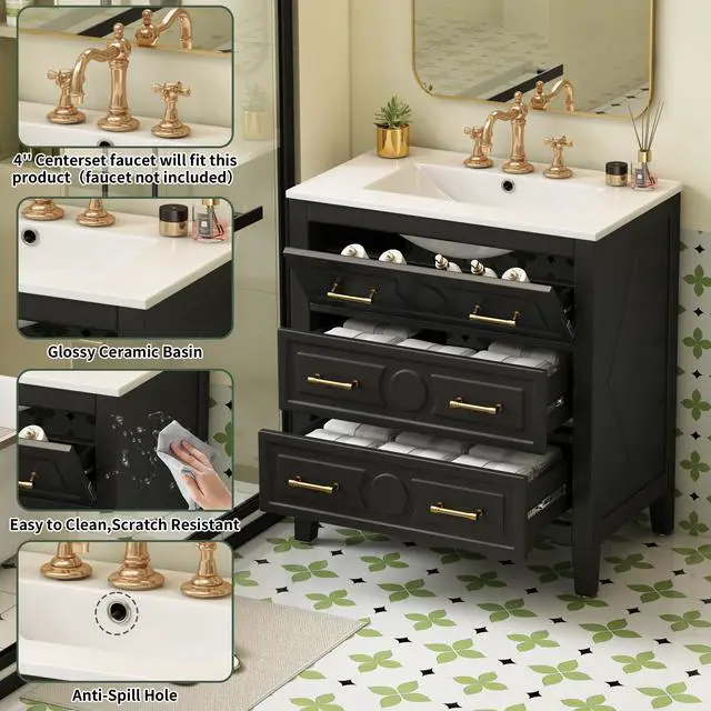 Alt view image 6 of 6 - 30" Bathroom Vanity with Sink Top, 3-Drawer Bathroom Vanity Storage Cabinet with Gold Pulls, Tip-Out Drawer, Solid Wood Frame Bath Storage Vanity with Ceramic Sink