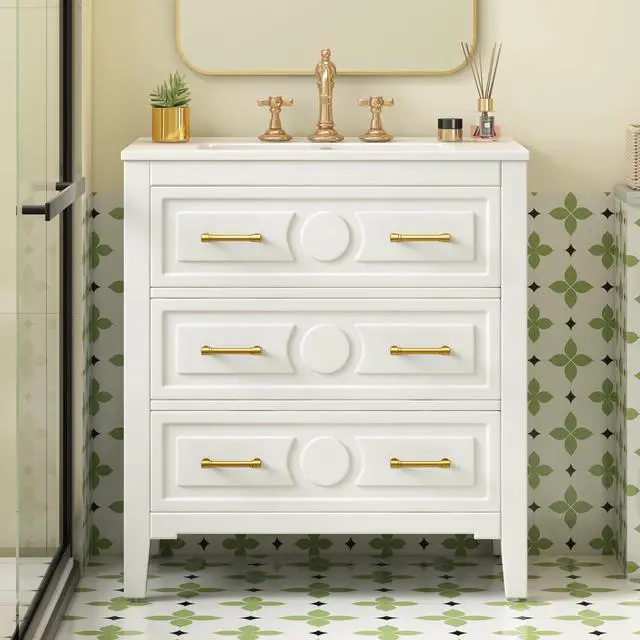 Main image of 30" Bathroom Vanity with Sink Top, 3-Drawer Bathroom Vanity Storage Cabinet with Gold Pulls, Tip-Out Drawer, Solid Wood Frame Bath Storage Vanity with Ceramic Sink