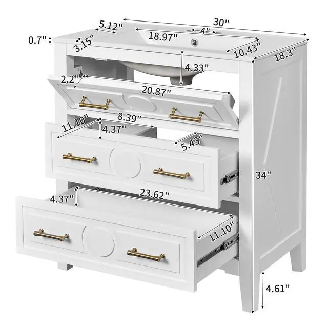 Alt view image 2 of 6 - 30" Bathroom Vanity with Sink Top, 3-Drawer Bathroom Vanity Storage Cabinet with Gold Pulls, Tip-Out Drawer, Solid Wood Frame Bath Storage Vanity with Ceramic Sink
