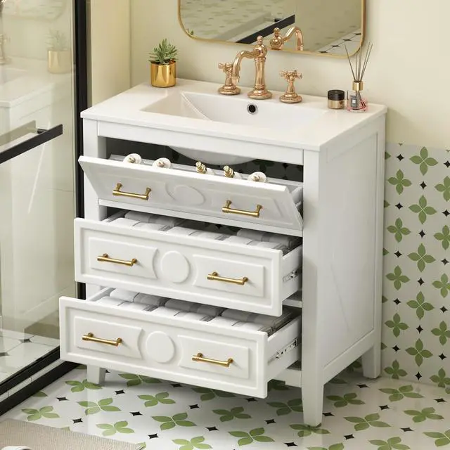 Alt view image 3 of 6 - 30" Bathroom Vanity with Sink Top, 3-Drawer Bathroom Vanity Storage Cabinet with Gold Pulls, Tip-Out Drawer, Solid Wood Frame Bath Storage Vanity with Ceramic Sink