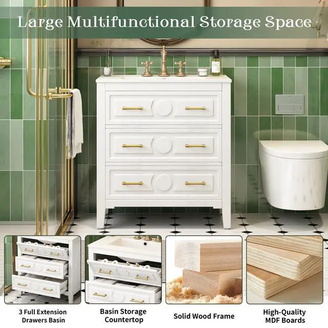 Alt view image 4 of 6 - 30" Bathroom Vanity with Sink Top, 3-Drawer Bathroom Vanity Storage Cabinet with Gold Pulls, Tip-Out Drawer, Solid Wood Frame Bath Storage Vanity with Ceramic Sink