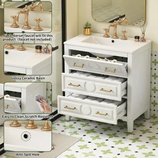 Alt view image 5 of 6 - 30" Bathroom Vanity with Sink Top, 3-Drawer Bathroom Vanity Storage Cabinet with Gold Pulls, Tip-Out Drawer, Solid Wood Frame Bath Storage Vanity with Ceramic Sink