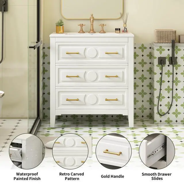 Alt view image 6 of 6 - 30" Bathroom Vanity with Sink Top, 3-Drawer Bathroom Vanity Storage Cabinet with Gold Pulls, Tip-Out Drawer, Solid Wood Frame Bath Storage Vanity with Ceramic Sink