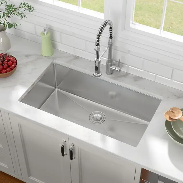 Alt view image 3 of 6 - 33 inch Undermount Kitchen Sink 16 Guage 304 Stainless Steel Single Bowl Moden Handmade Under Counter Large Kitchen Sinks 33"X19"