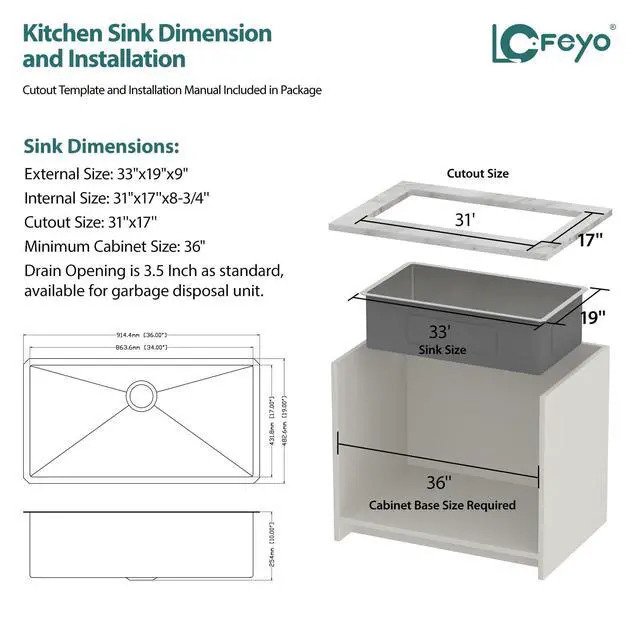 Alt view image 6 of 6 - 33 inch Undermount Kitchen Sink 16 Guage 304 Stainless Steel Single Bowl Moden Handmade Under Counter Large Kitchen Sinks 33"X19"
