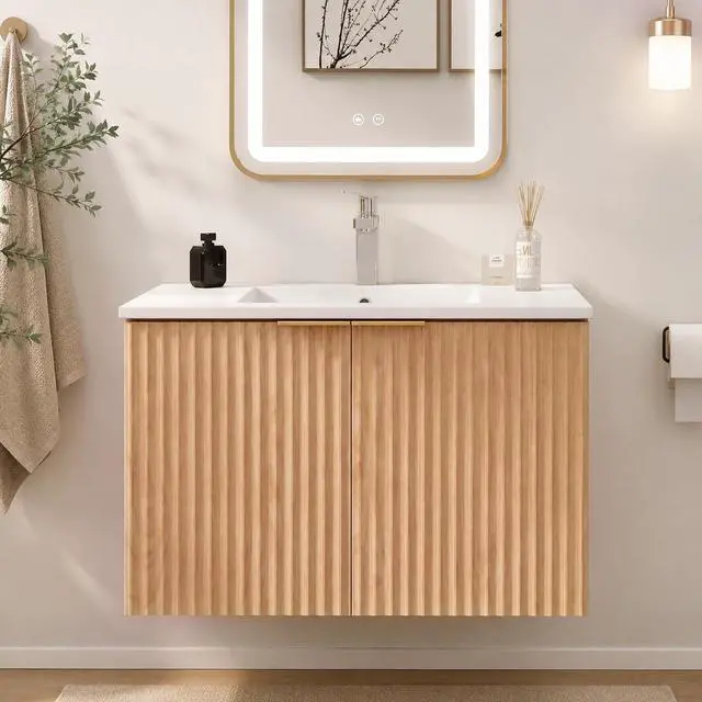 Main image of Modern Bathroom Vanity with Wavy Textured Doors - Wall Mounted Floating Cabinet, Soft-Close Waterproof Storage for Small Bathroom, Easy Install (Nature with Sink, 30)