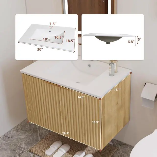 Alt view image 2 of 6 - Modern Bathroom Vanity with Wavy Textured Doors - Wall Mounted Floating Cabinet, Soft-Close Waterproof Storage for Small Bathroom, Easy Install (Nature with Sink, 30)