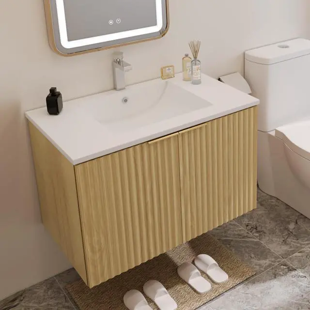 Alt view image 3 of 6 - Modern Bathroom Vanity with Wavy Textured Doors - Wall Mounted Floating Cabinet, Soft-Close Waterproof Storage for Small Bathroom, Easy Install (Nature with Sink, 30)