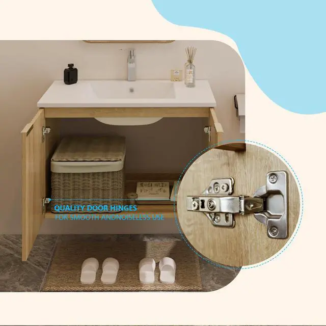 Alt view image 4 of 6 - Modern Bathroom Vanity with Wavy Textured Doors - Wall Mounted Floating Cabinet, Soft-Close Waterproof Storage for Small Bathroom, Easy Install (Nature with Sink, 30)