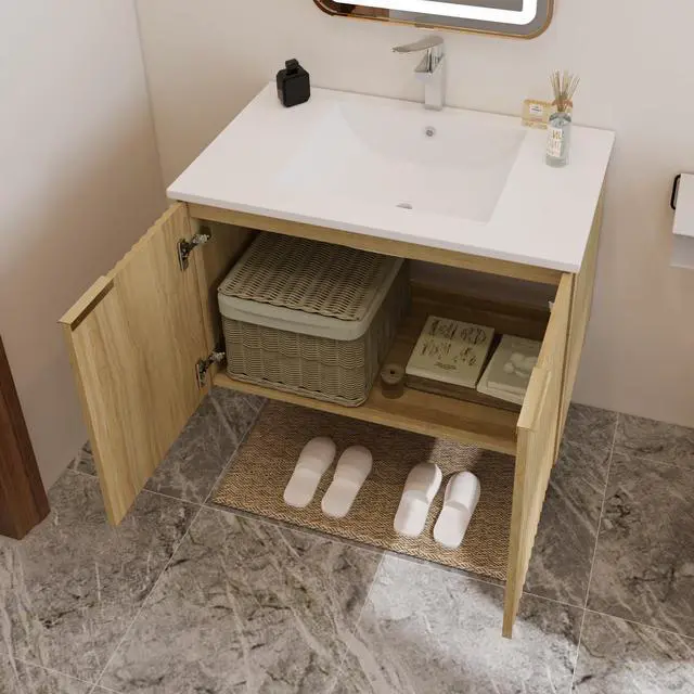 Alt view image 5 of 6 - Modern Bathroom Vanity with Wavy Textured Doors - Wall Mounted Floating Cabinet, Soft-Close Waterproof Storage for Small Bathroom, Easy Install (Nature with Sink, 30)