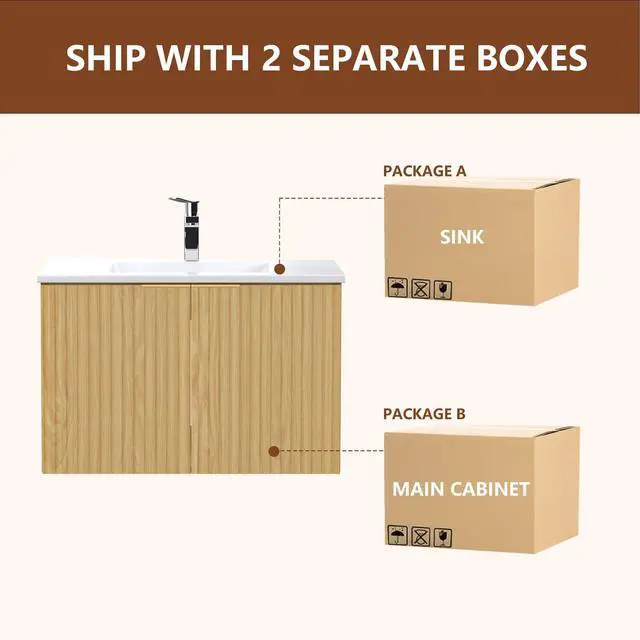 Alt view image 6 of 6 - Modern Bathroom Vanity with Wavy Textured Doors - Wall Mounted Floating Cabinet, Soft-Close Waterproof Storage for Small Bathroom, Easy Install (Nature with Sink, 30)