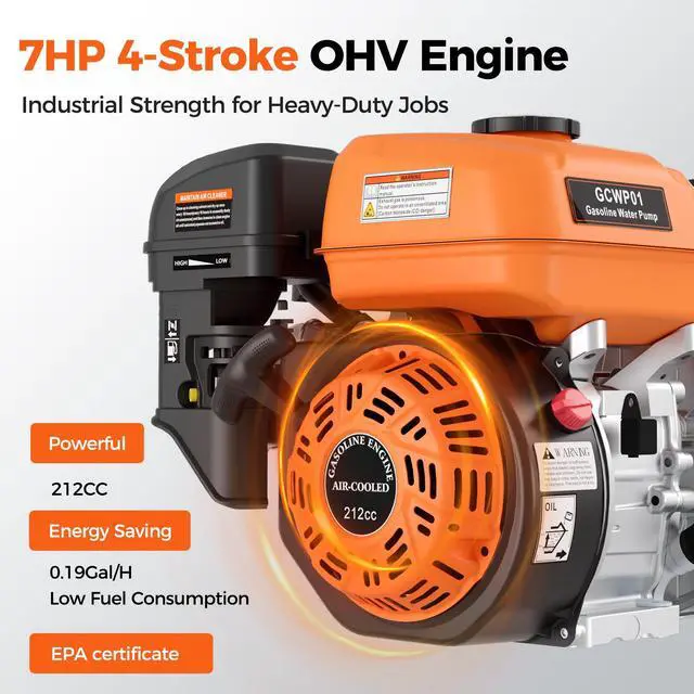 Alt view image 2 of 6 - 2-Inch Gas Water Pump, 212CC 7HP 4-Stroke Engine, 132 GPM Gas Powered Water Pump with 92FT Lift, 26FT Suction, 1.2L/H Fuel consumption, for Irrigation, Flood Drainage, Transfer
