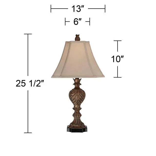 Alt view image 4 of 4 - Regio Traditional Rustic Table Lamps 25.5" High Set of 2 Deep Espresso Aged Brown Leaf Tan Fabric Square Bell Shade for Cottage Core Living Room Bedroom House Bedside Nightstand Home