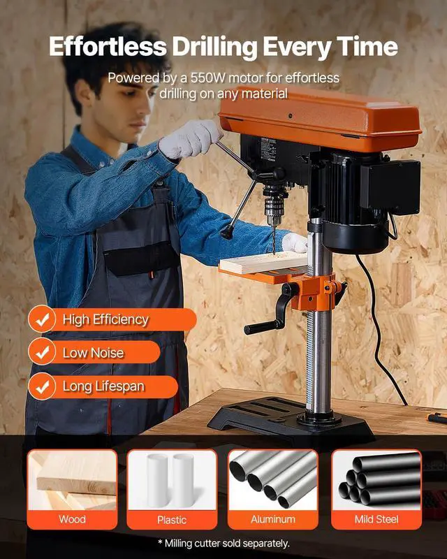 Alt view image 2 of 6 - 10 in Benchtop Drill Press, 6.2A Induction Motor, Tabletop Drilling Machine with 610/940 / 1500/2150 / 2800 RPM Adjustable Speed, 0-45° Tilting Worktable, LED Work Light, for Wood Metal