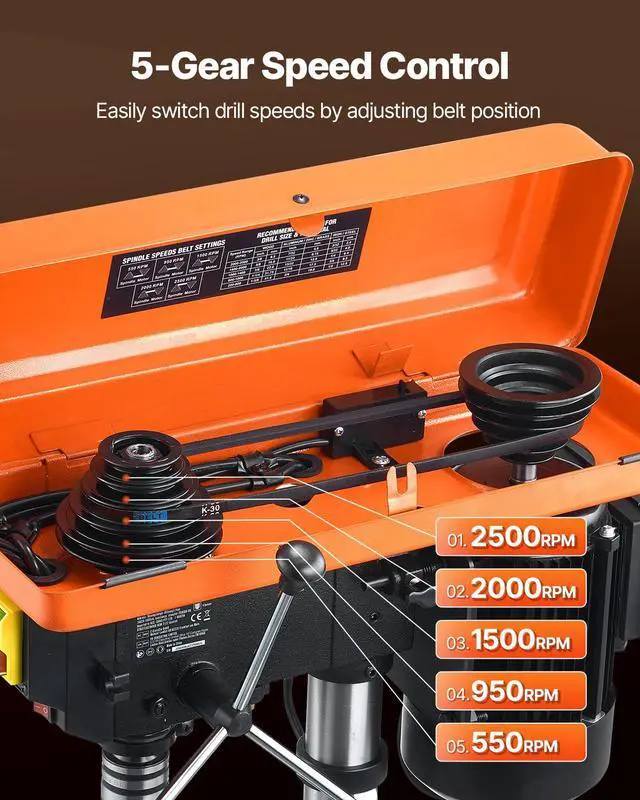 Alt view image 3 of 6 - 10 in Benchtop Drill Press, 6.2A Induction Motor, Tabletop Drilling Machine with 610/940 / 1500/2150 / 2800 RPM Adjustable Speed, 0-45° Tilting Worktable, LED Work Light, for Wood Metal