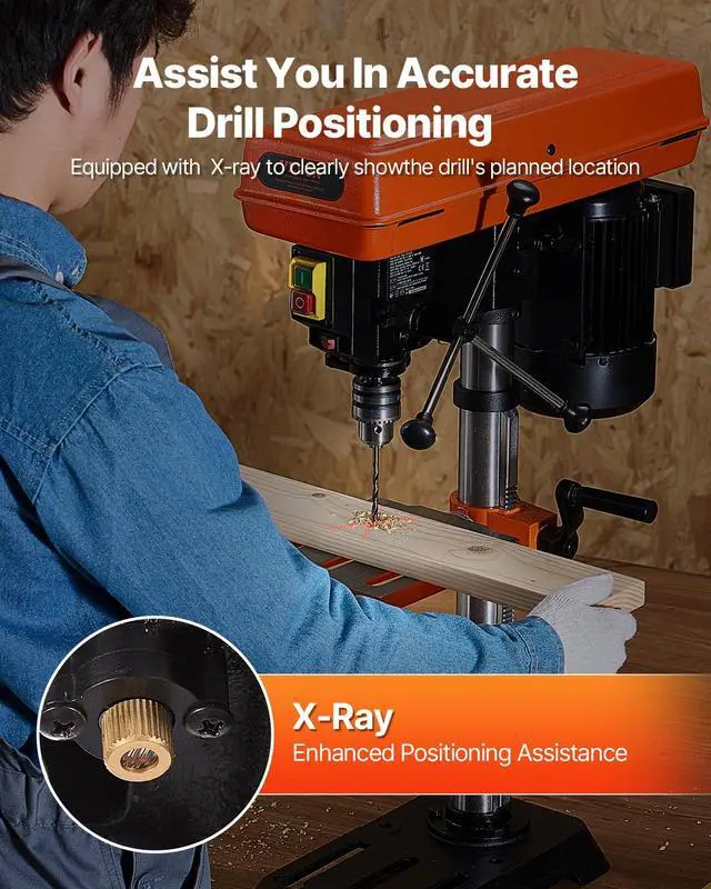 Alt view image 4 of 6 - 10 in Benchtop Drill Press, 6.2A Induction Motor, Tabletop Drilling Machine with 610/940 / 1500/2150 / 2800 RPM Adjustable Speed, 0-45° Tilting Worktable, LED Work Light, for Wood Metal