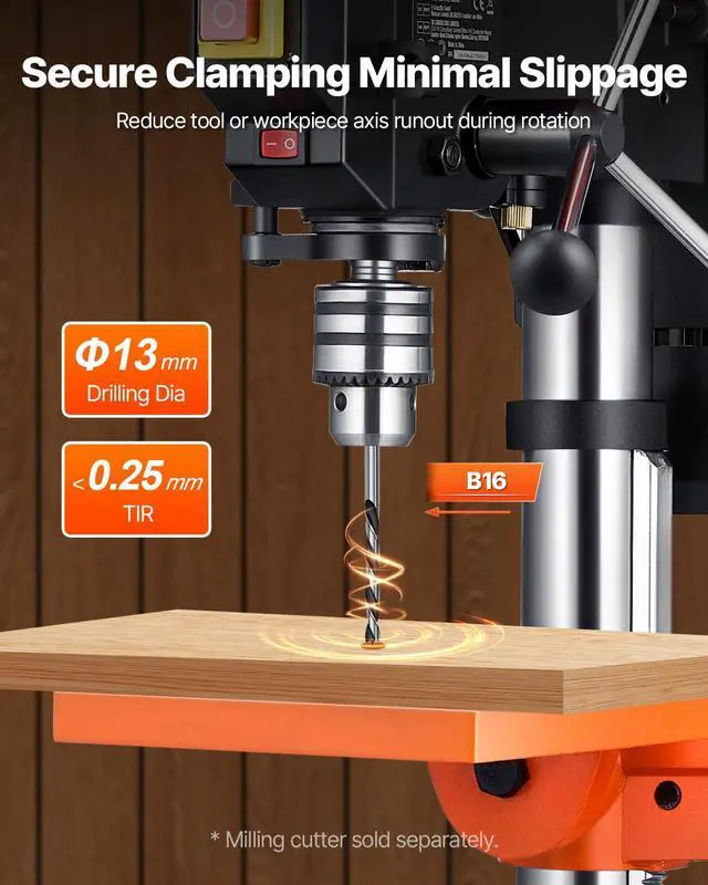 Alt view image 5 of 6 - 10 in Benchtop Drill Press, 6.2A Induction Motor, Tabletop Drilling Machine with 610/940 / 1500/2150 / 2800 RPM Adjustable Speed, 0-45° Tilting Worktable, LED Work Light, for Wood Metal