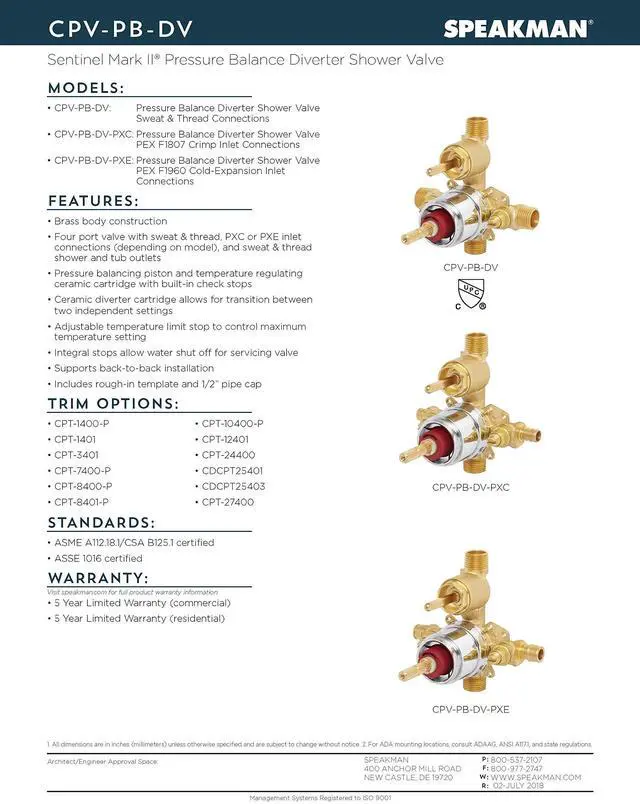 Alt view image 2 of 4 - Sentinel Mark II CPV-PB-DV Pressure Balanced Diverter Shower Valve, Rough Brass