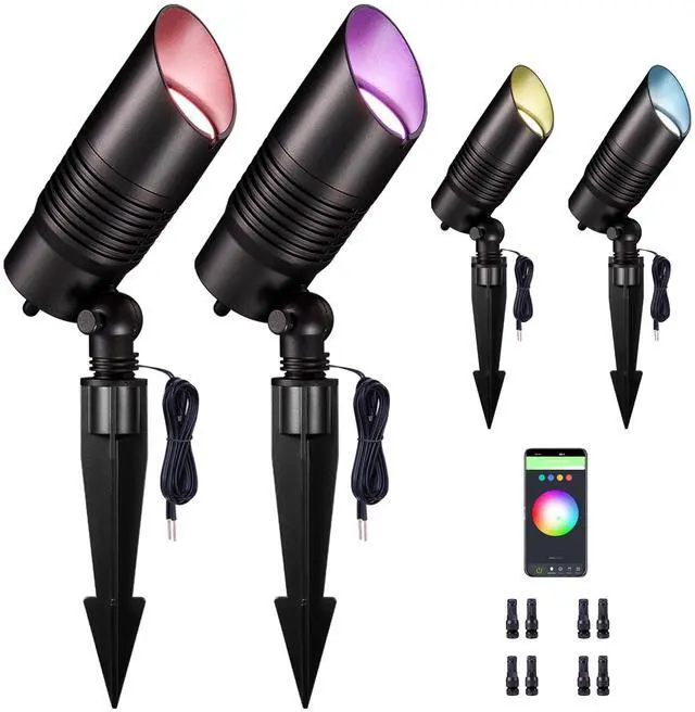 Main image of RGBCW Landscape Spotlights Low Voltage - Smart Color-Changing LED 12V Uplights, Spot Lights Outdoor Waterproof, App Control Works with Alexa, Aluminum Black for Trees Wall Halloween 4 Pack