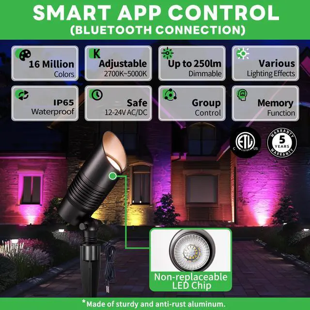 Alt view image 2 of 6 - RGBCW Landscape Spotlights Low Voltage - Smart Color-Changing LED 12V Uplights, Spot Lights Outdoor Waterproof, App Control Works with Alexa, Aluminum Black for Trees Wall Halloween 4 Pack