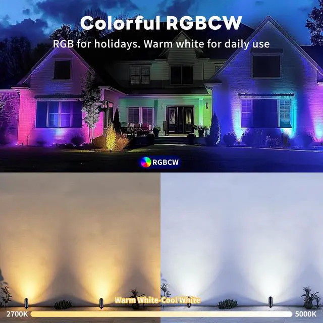 Alt view image 4 of 6 - RGBCW Landscape Spotlights Low Voltage - Smart Color-Changing LED 12V Uplights, Spot Lights Outdoor Waterproof, App Control Works with Alexa, Aluminum Black for Trees Wall Halloween 4 Pack