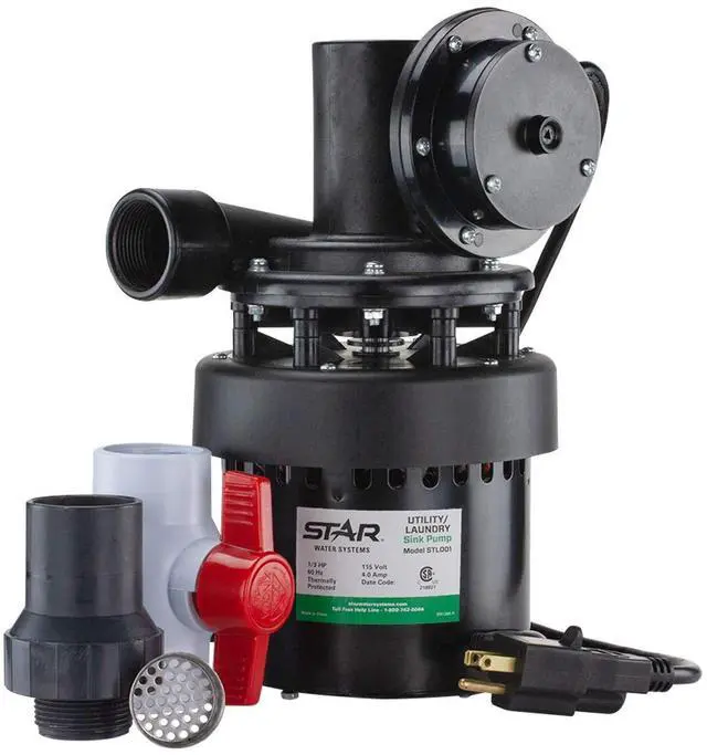 Main image of STL001 Automatic Utility/Laundry Sink Pump (1/3 HP) Mounts Directly Under Sink Tub, Heavy-Duty Thermoplastic, 115V, Includes Drain Screen, Check Valve & Ball Valve