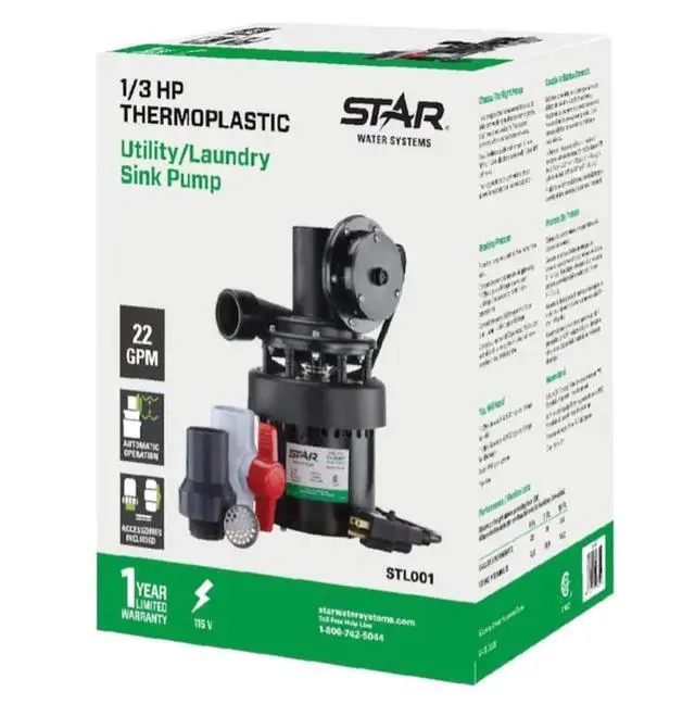 Alt view image 2 of 6 - STL001 Automatic Utility/Laundry Sink Pump (1/3 HP) Mounts Directly Under Sink Tub, Heavy-Duty Thermoplastic, 115V, Includes Drain Screen, Check Valve & Ball Valve