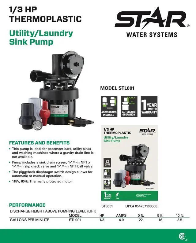 Alt view image 3 of 6 - STL001 Automatic Utility/Laundry Sink Pump (1/3 HP) Mounts Directly Under Sink Tub, Heavy-Duty Thermoplastic, 115V, Includes Drain Screen, Check Valve & Ball Valve