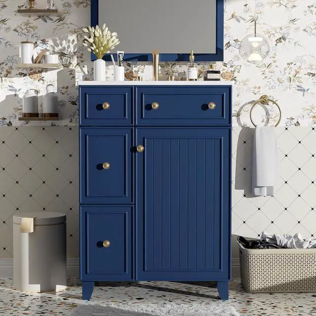 Main image of Bathroom Vanity with Sink Combo, Modern Freestanding Bathroom Sink Cabinet with Gold Handles,Bathroom Cabinet with 24 inch Sink, 2 Drawers, 1 Door, Blue