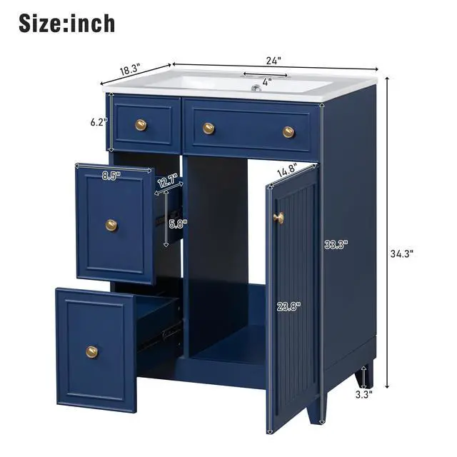 Alt view image 2 of 6 - Bathroom Vanity with Sink Combo, Modern Freestanding Bathroom Sink Cabinet with Gold Handles,Bathroom Cabinet with 24 inch Sink, 2 Drawers, 1 Door, Blue