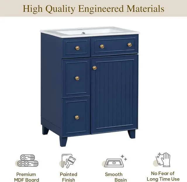 Alt view image 3 of 6 - Bathroom Vanity with Sink Combo, Modern Freestanding Bathroom Sink Cabinet with Gold Handles,Bathroom Cabinet with 24 inch Sink, 2 Drawers, 1 Door, Blue