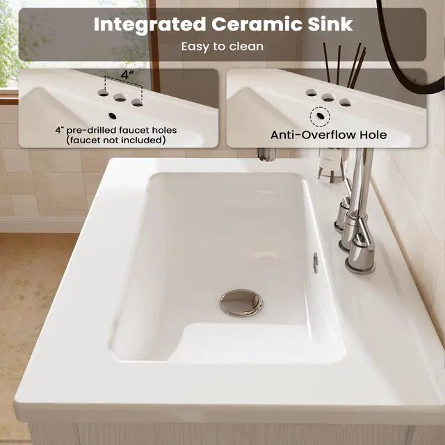 Alt view image 4 of 6 - Bathroom Vanity with Sink Combo, Modern Freestanding Bathroom Sink Cabinet with Gold Handles,Bathroom Cabinet with 24 inch Sink, 2 Drawers, 1 Door, Blue