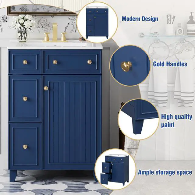 Alt view image 5 of 6 - Bathroom Vanity with Sink Combo, Modern Freestanding Bathroom Sink Cabinet with Gold Handles,Bathroom Cabinet with 24 inch Sink, 2 Drawers, 1 Door, Blue