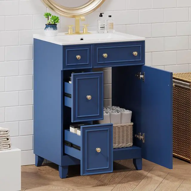 Alt view image 6 of 6 - Bathroom Vanity with Sink Combo, Modern Freestanding Bathroom Sink Cabinet with Gold Handles,Bathroom Cabinet with 24 inch Sink, 2 Drawers, 1 Door, Blue