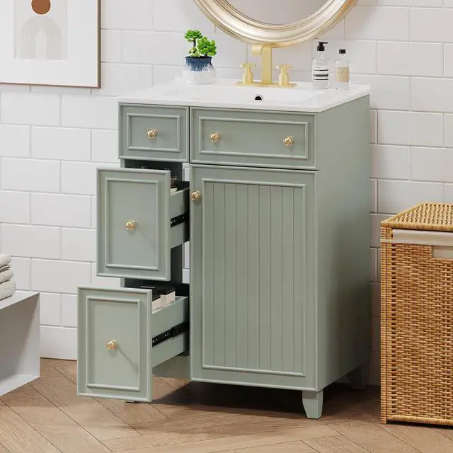 Alt view image 3 of 6 - Small Bathroom Vanity, 24 inch Sink Vanity Set, Modern Undermount Bathroom Sink Cabinet with 1 Soft Close Door,Easy Assembly, Green