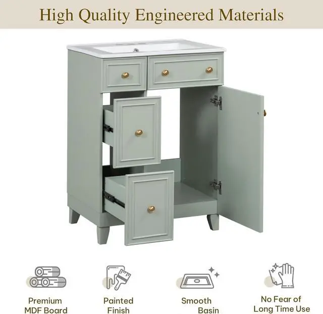 Alt view image 4 of 6 - Small Bathroom Vanity, 24 inch Sink Vanity Set, Modern Undermount Bathroom Sink Cabinet with 1 Soft Close Door,Easy Assembly, Green
