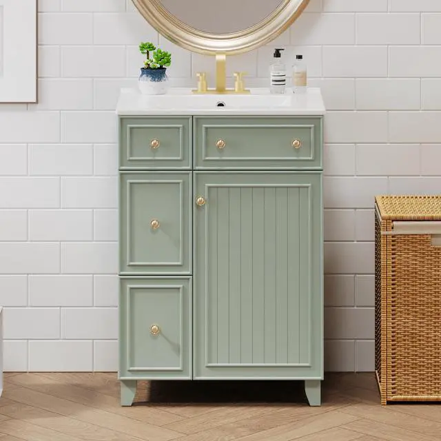 Alt view image 6 of 6 - Small Bathroom Vanity, 24 inch Sink Vanity Set, Modern Undermount Bathroom Sink Cabinet with 1 Soft Close Door,Easy Assembly, Green