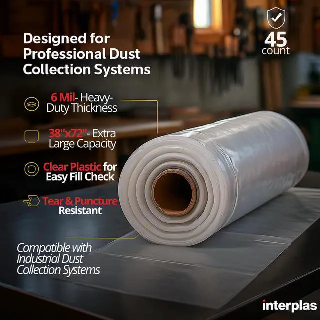 Alt view image 2 of 6 - Dust Collector Bags 6 Mil Heavy-Duty Clear Plastic Bags 38" x 72" (45 Count) for Dust Collection Systems Tear-Resistant, High-capacity industrial dust removal