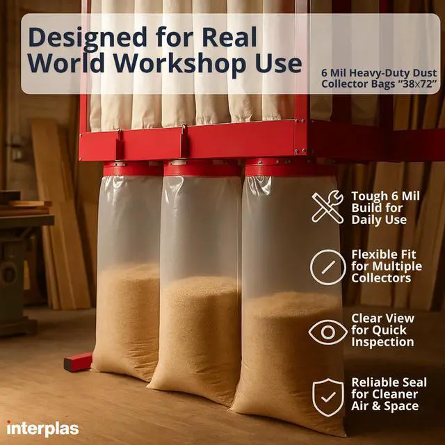 Alt view image 6 of 6 - Dust Collector Bags 6 Mil Heavy-Duty Clear Plastic Bags 38" x 72" (45 Count) for Dust Collection Systems Tear-Resistant, High-capacity industrial dust removal