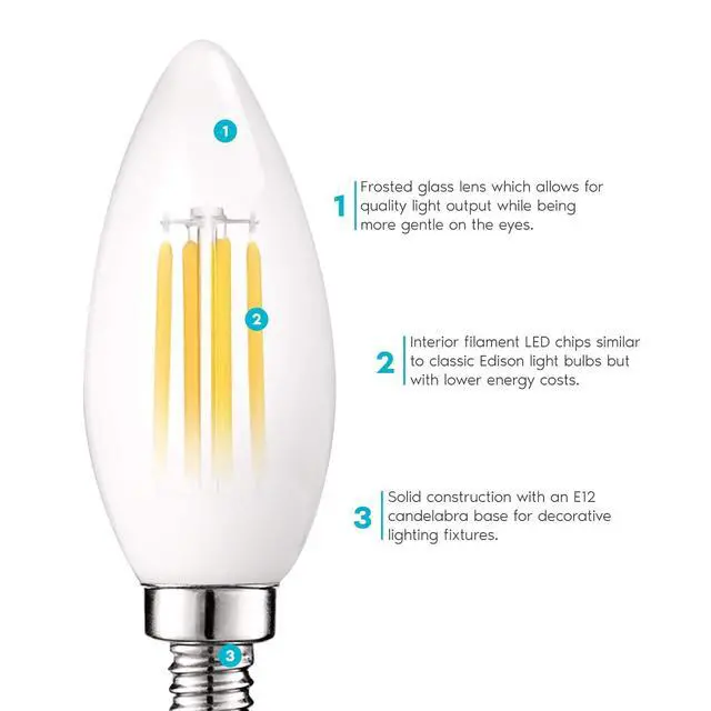 Alt view image 2 of 6 - LED Chandelier Light Bulbs, E12 LED Bulb Dimmable, 60 Watt Equivalent, 2700K Warm White, Frosted LED Candelabra Bulb, Torpedo Tip Glass, 450 Lumens, UL Listed (24 Pack)