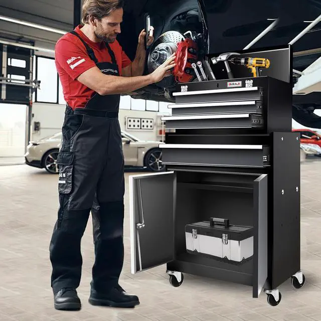 Alt view image 2 of 6 - Rolling Tool Chest with Wheels,Double Door 4-Drawer Metal Tool Box,2 in 1 Detachable Tool Cabinets with Locking System for Garage,Warehouse,Workshop, High Capacity Tool Chest with Liners