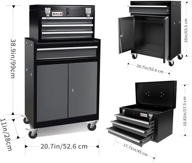 Alt view image 3 of 6 - Rolling Tool Chest with Wheels,Double Door 4-Drawer Metal Tool Box,2 in 1 Detachable Tool Cabinets with Locking System for Garage,Warehouse,Workshop, High Capacity Tool Chest with Liners